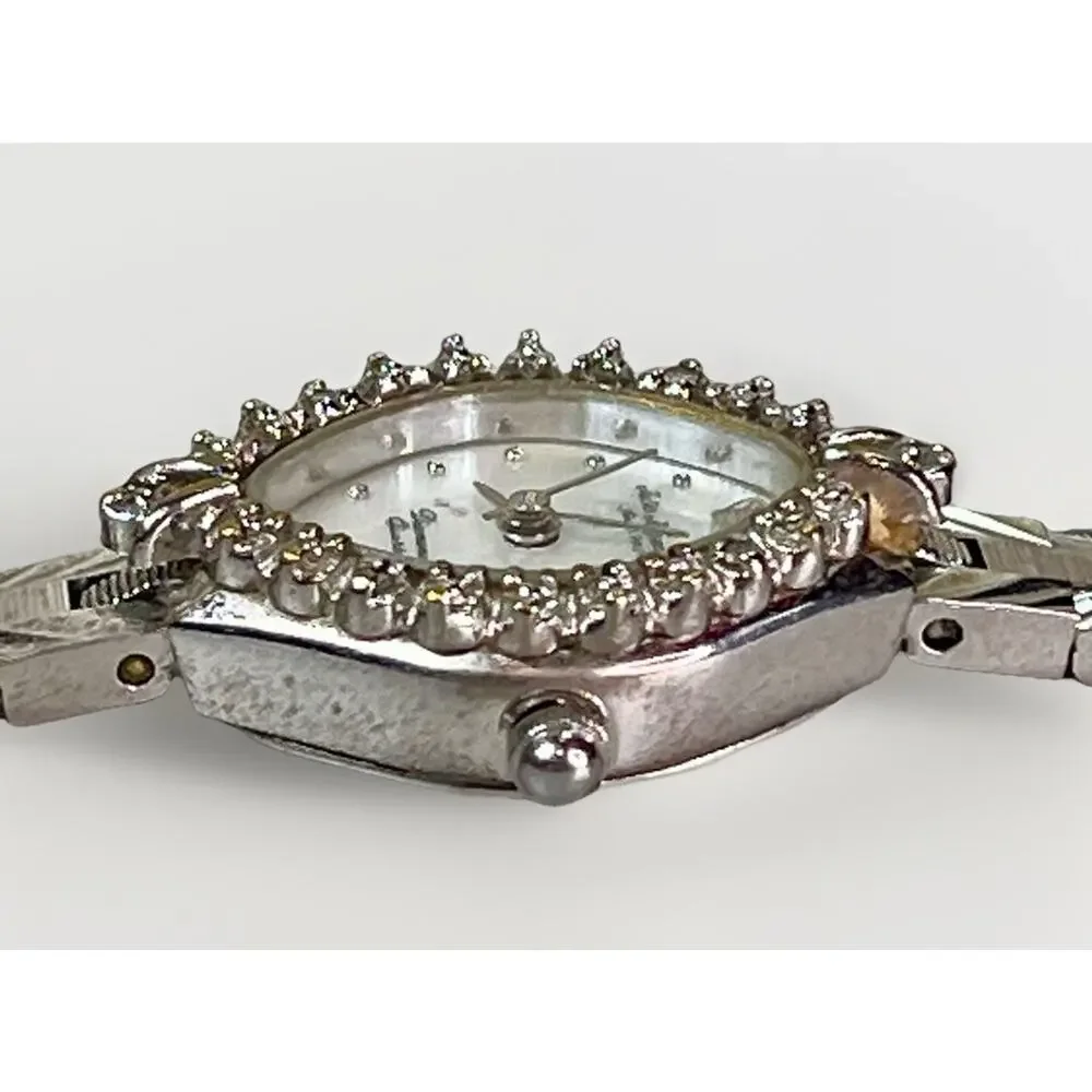Vintage Jules Jurgensen Silver Tone Quartz Watch Diamond Bezel Women's Bracelet